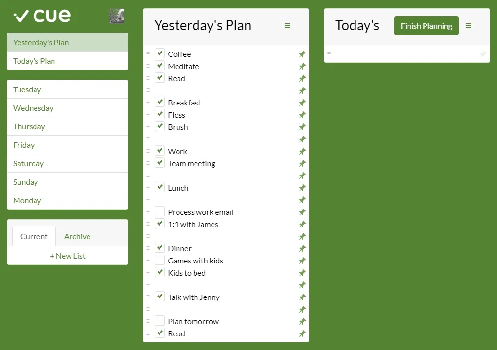 Pinned tasks in Cue